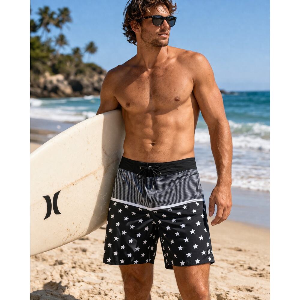 Hurley Boardshorts Mens 36 Black White Stars Stripe Surf Swim  Beach Patriotic